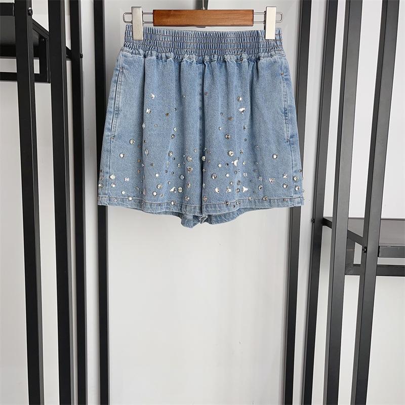 Short Large En Denim Orné De Strass  Femme | Jupes & Shorts Femme Bleu jean clair